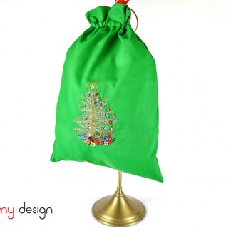    Big green Christmas bag with pine tree & gift embroidery